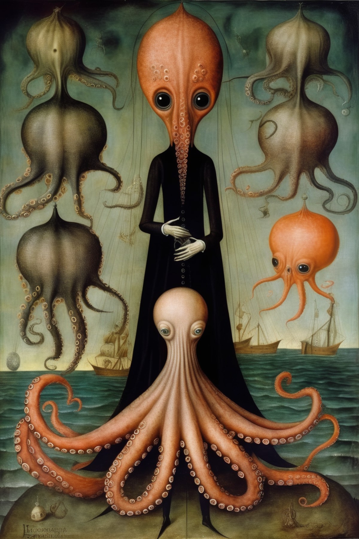 <lora:Leonora Carrington Style:1>Leonora Carrington Style - octopus with 7 sins represetatives in his arms in surrealist s...